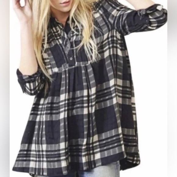 Free People Baby Blues Black & White Plaid Pleated Tunic with Pockets Medium - Picture 3 of 16